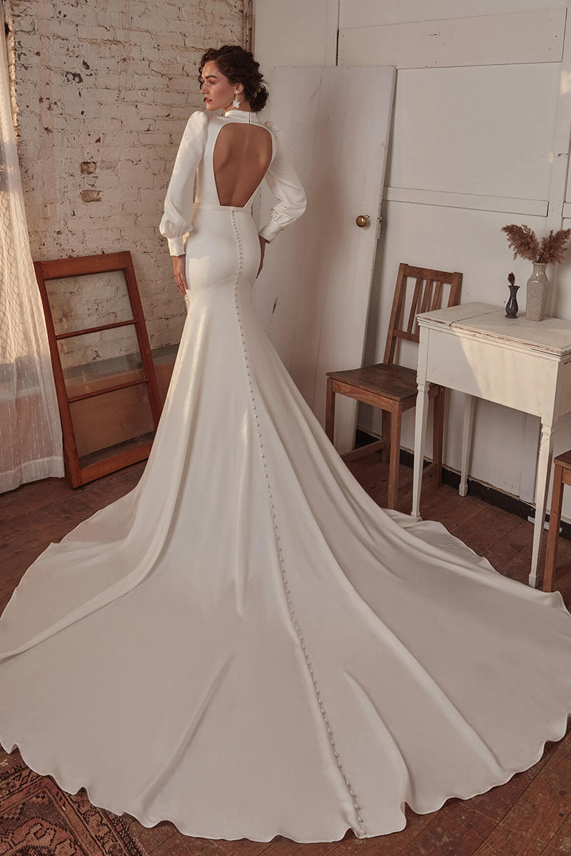 K1734 - High Neck Long Sleeves Cut Outs Satin Mermaid Long Wedding Dress