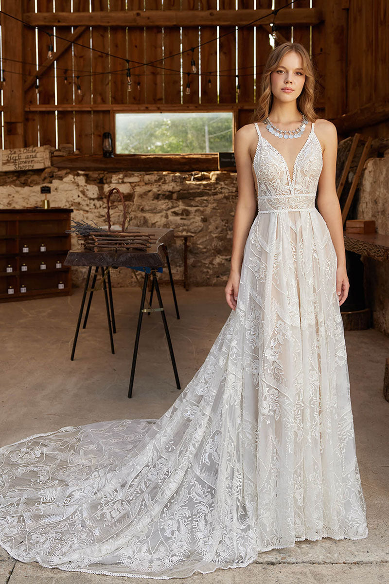 K1735 - Boho Two Piece Low V-Neck Sheer Lace Tulle A-Line Long Wedding Dress