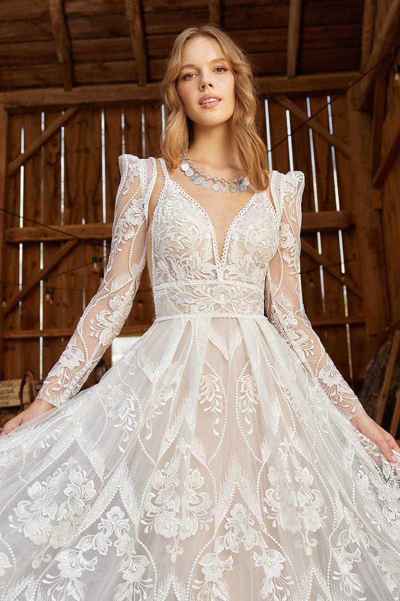 K1735 - Boho Two Piece Low V-Neck Sheer Lace Tulle A-Line Long Wedding Dress