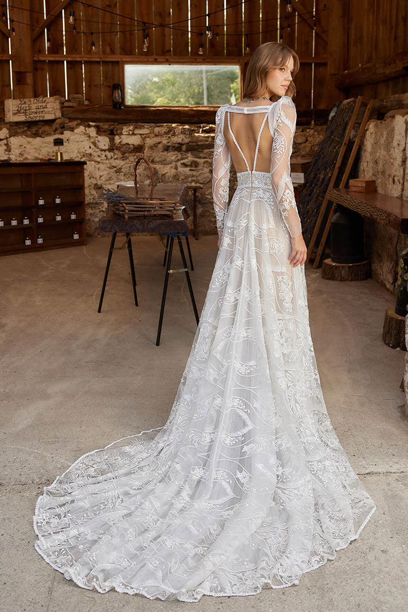 K1735 - Boho Two Piece Low V-Neck Sheer Lace Tulle A-Line Long Wedding Dress