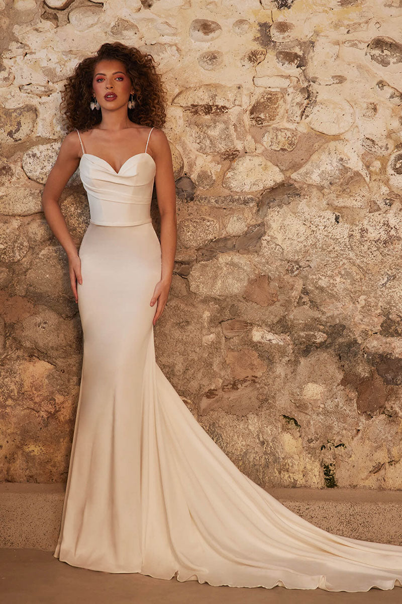 K1737 - Sweetheart Spaghetti Straps Ruched Satin Tulle Mermaid Long Wedding Dress