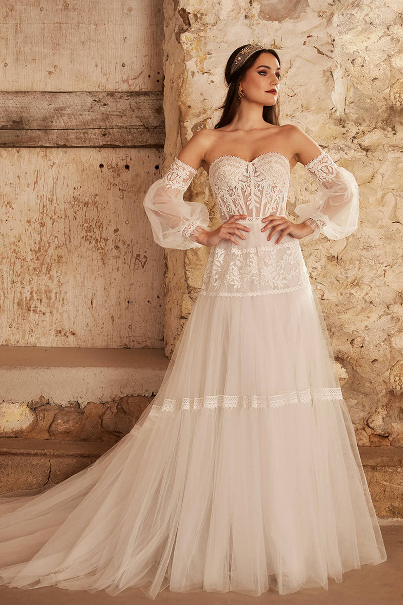 K1738 - Boho Sweetheart Strapless Sheer Lace Tulle A-Line Long Wedding Dress