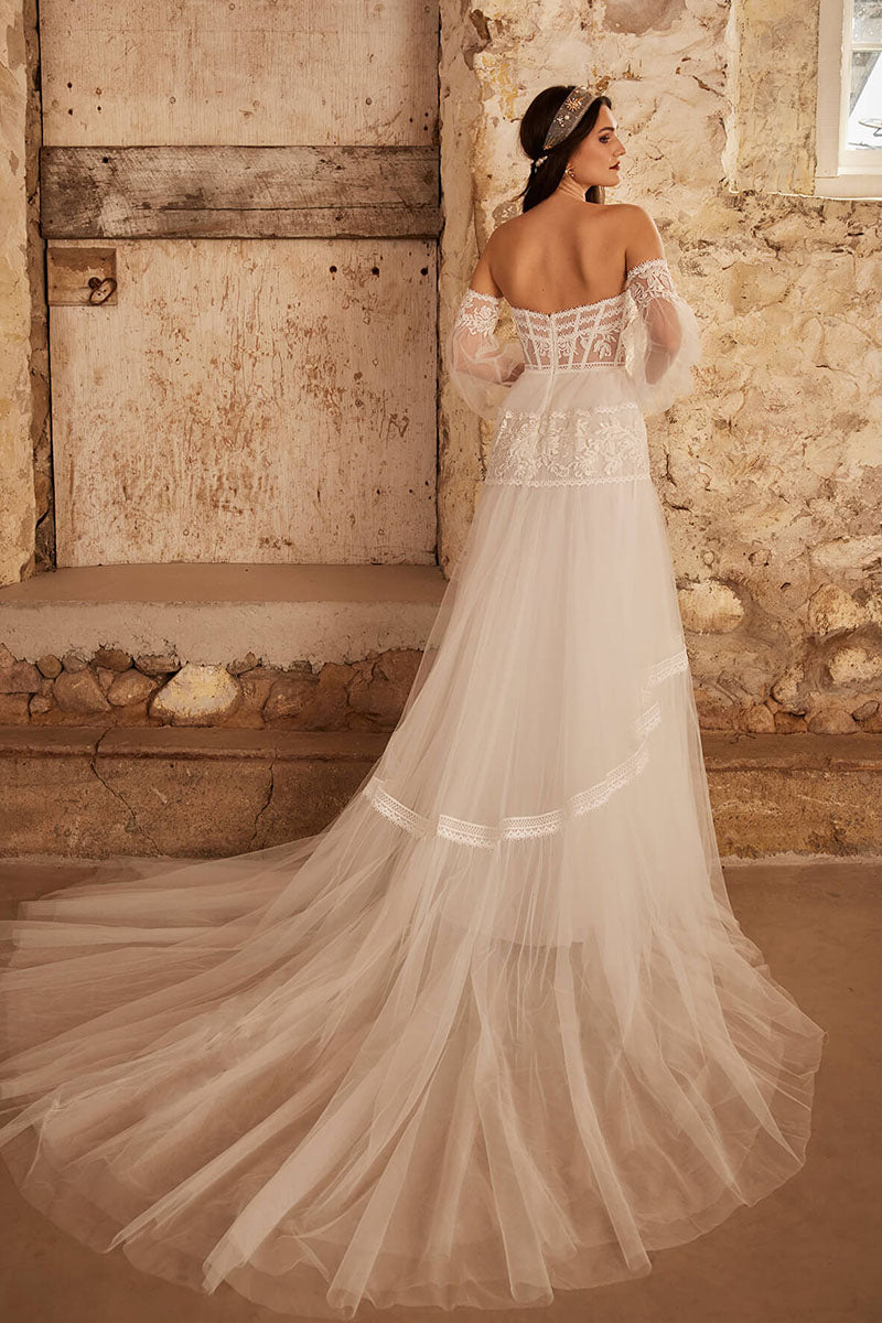 K1738 - Boho Sweetheart Strapless Sheer Lace Tulle A-Line Long Wedding Dress