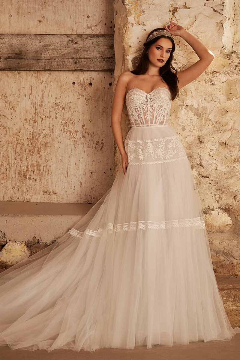 K1738 - Boho Sweetheart Strapless Sheer Lace Tulle A-Line Long Wedding Dress