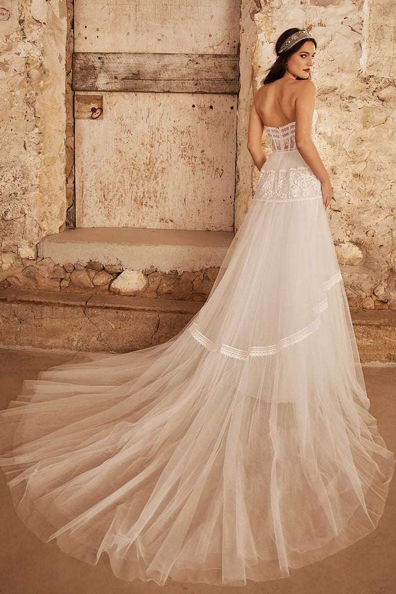 K1738 - Boho Sweetheart Strapless Sheer Lace Tulle A-Line Long Wedding Dress