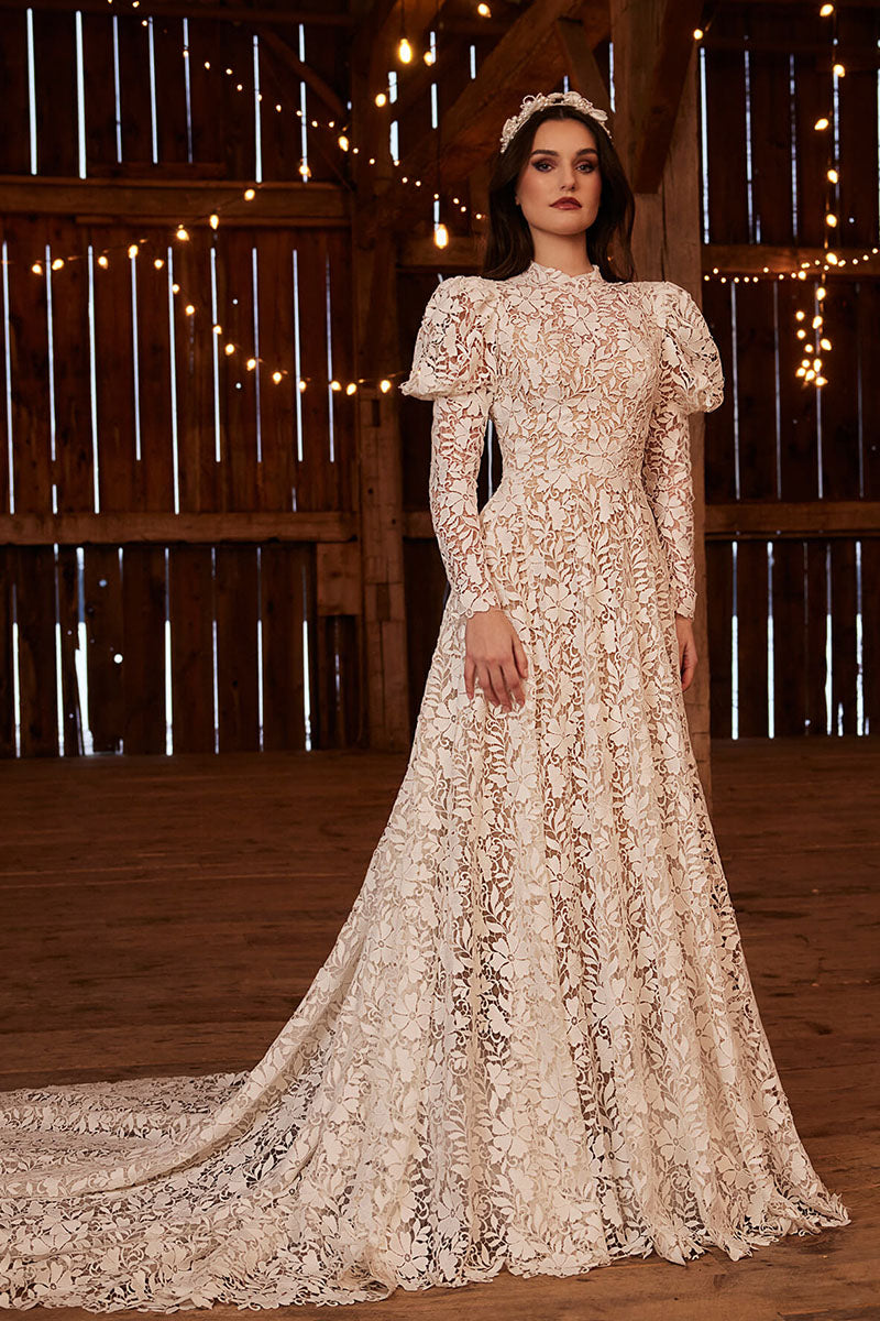 K1739 - Boho High Neck Long Puff Sleeves Sheer Lace A-Line Long Wedding Dress