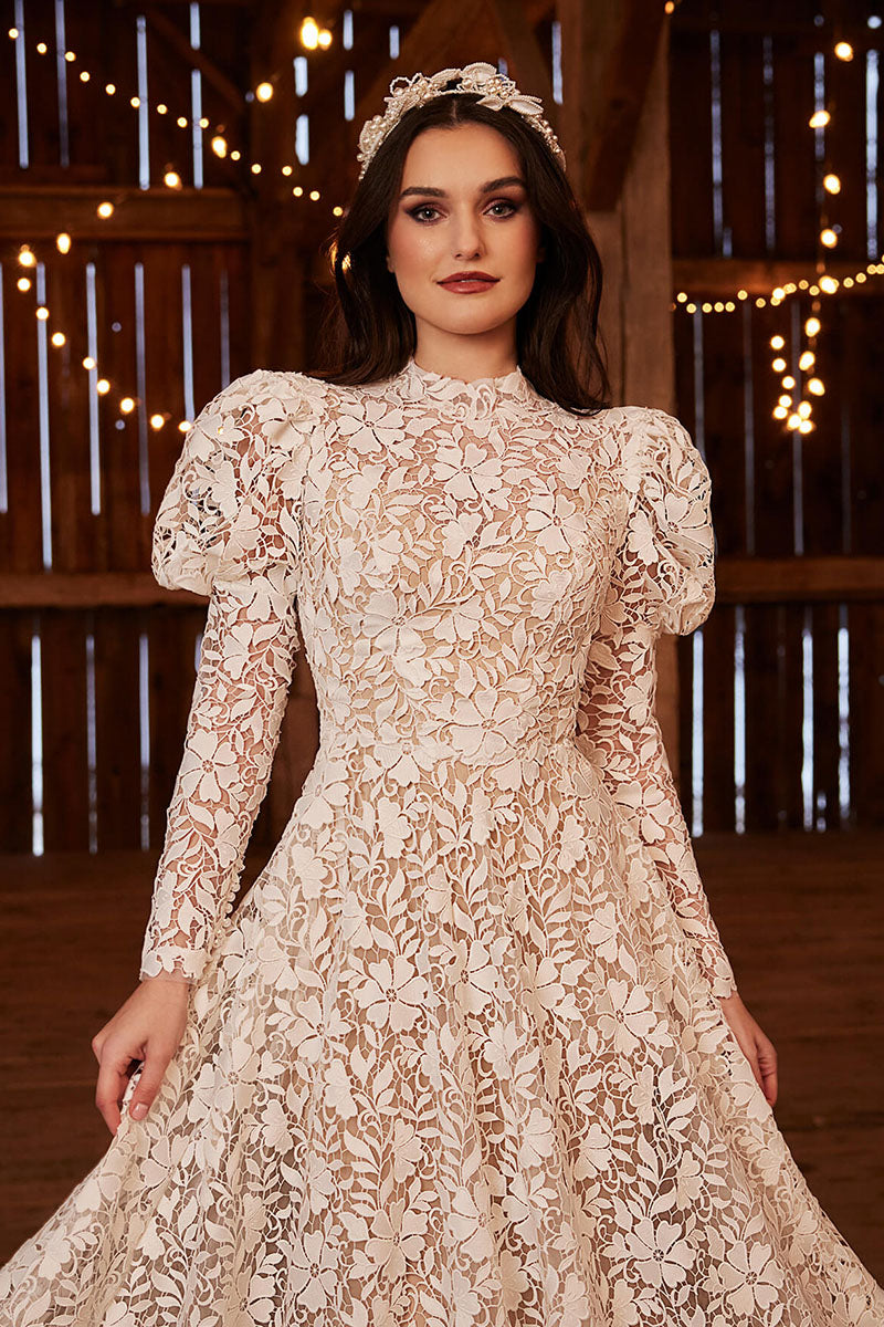 K1739 - Boho High Neck Long Puff Sleeves Sheer Lace A-Line Long Wedding Dress