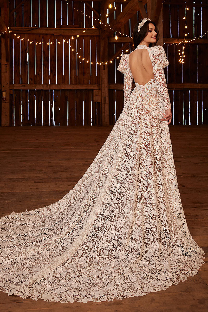 K1739 - Boho High Neck Long Puff Sleeves Sheer Lace A-Line Long Wedding Dress