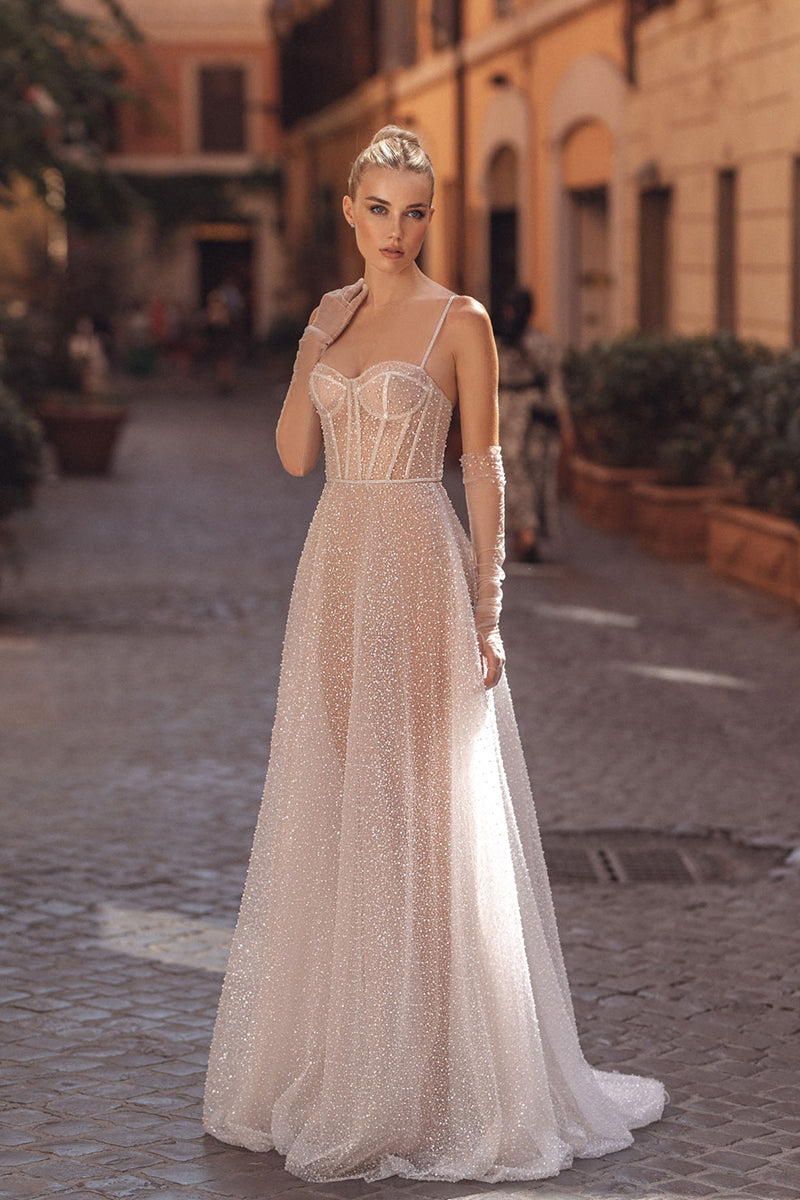 K1742 - Sweetheart Spaghetti Straps Sequined Sheer Tulle A-Line Long Wedding Dress