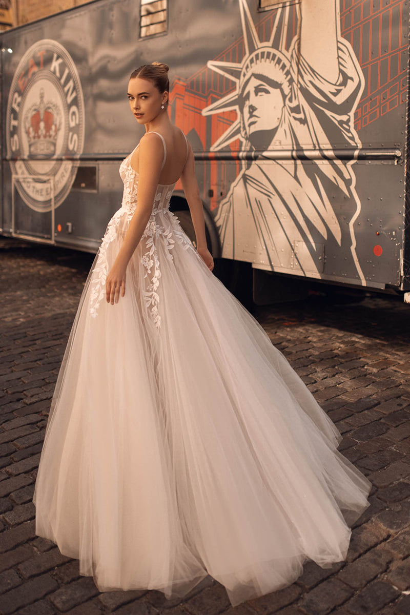 K1747 - Square Neck Sleeveless Appliqued Ruched Sheer Tulle A-Line Long Wedding Dress