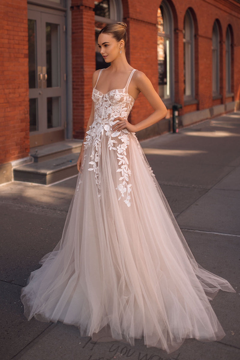 K1747 - Square Neck Sleeveless Appliqued Ruched Sheer Tulle A-Line Long Wedding Dress