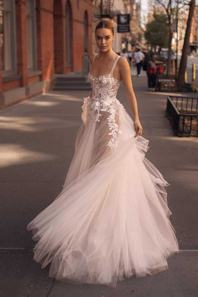 K1747 - Square Neck Sleeveless Appliqued Ruched Sheer Tulle A-Line Long Wedding Dress