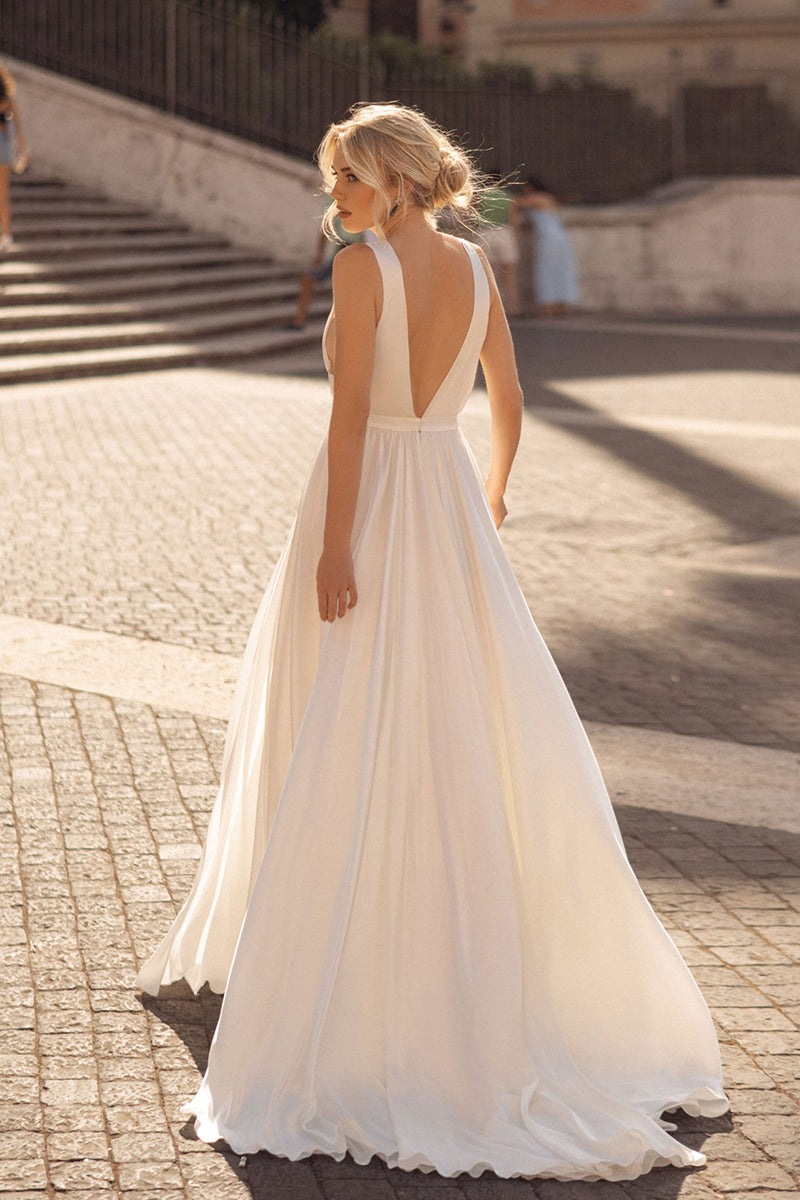 K1754 - Low V-Neck Sleeveless Ruched Satin A-Line Long Wedding Dress With Slit