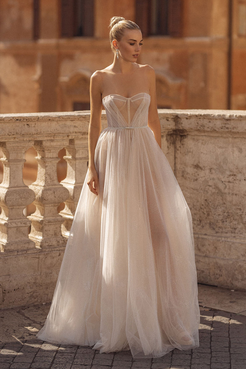 K1755 - Sweetheart Strapless Sleeveless Sheer Ruched Tulle A-Line Long Wedding Dress