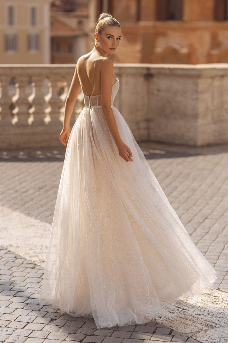 K1755 - Sweetheart Strapless Sleeveless Sheer Ruched Tulle A-Line Long Wedding Dress