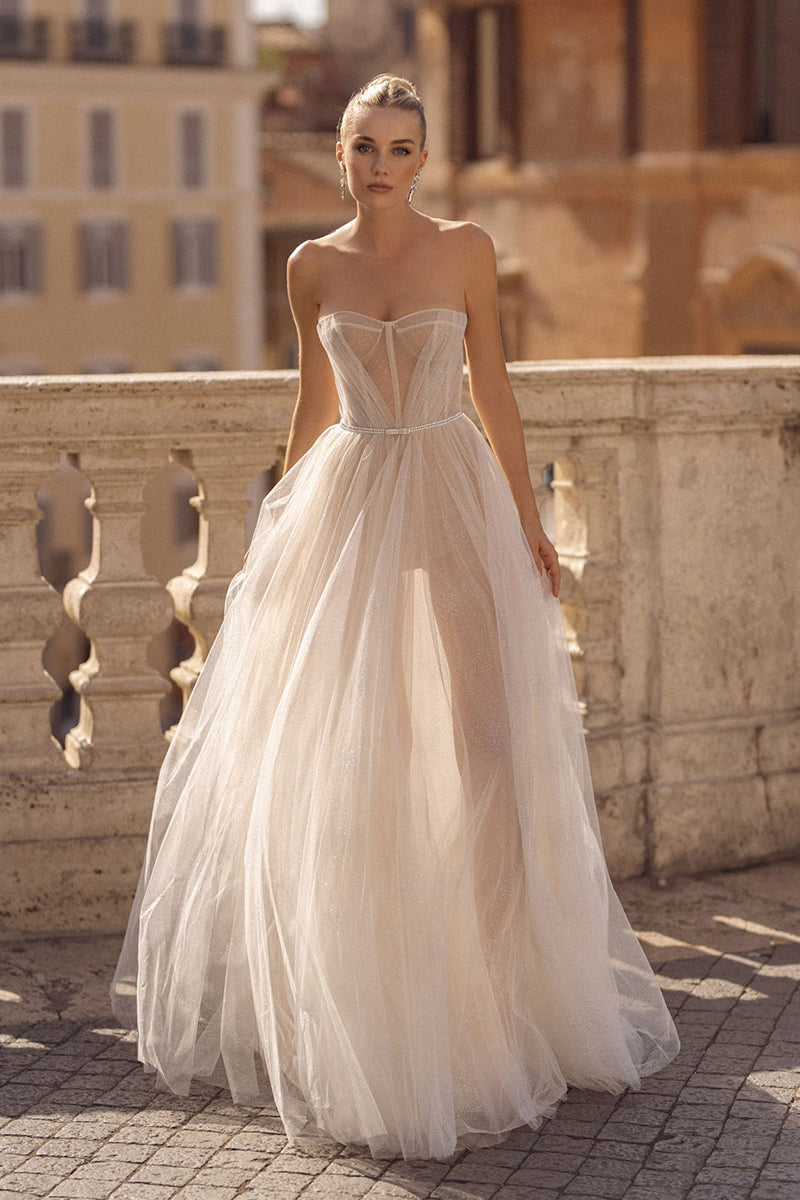 K1755 - Sweetheart Strapless Sleeveless Sheer Ruched Tulle A-Line Long Wedding Dress