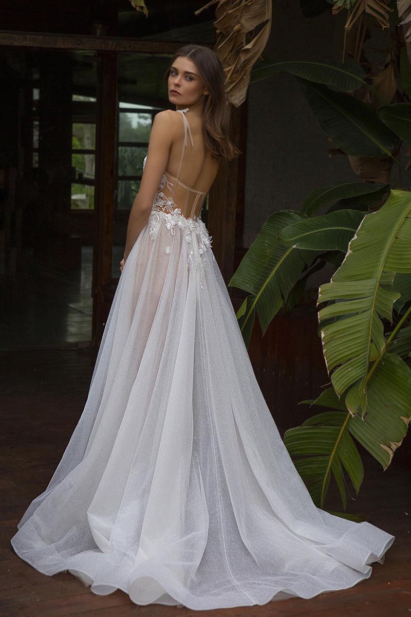 K1756 - Sweetheart Spaghetti Straps Appliqued Sheer Tulle A-Line Long Wedding Dress