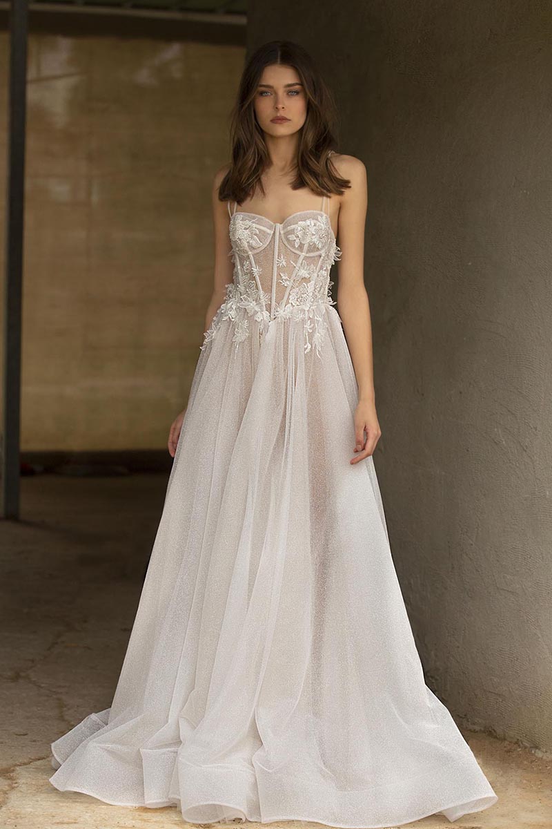 K1756 - Sweetheart Spaghetti Straps Appliqued Sheer Tulle A-Line Long Wedding Dress