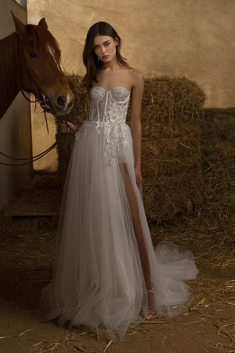 K1757 - Sweetheart Strapless Sequined Appliqued Tulle A-Line Long Wedding Dress