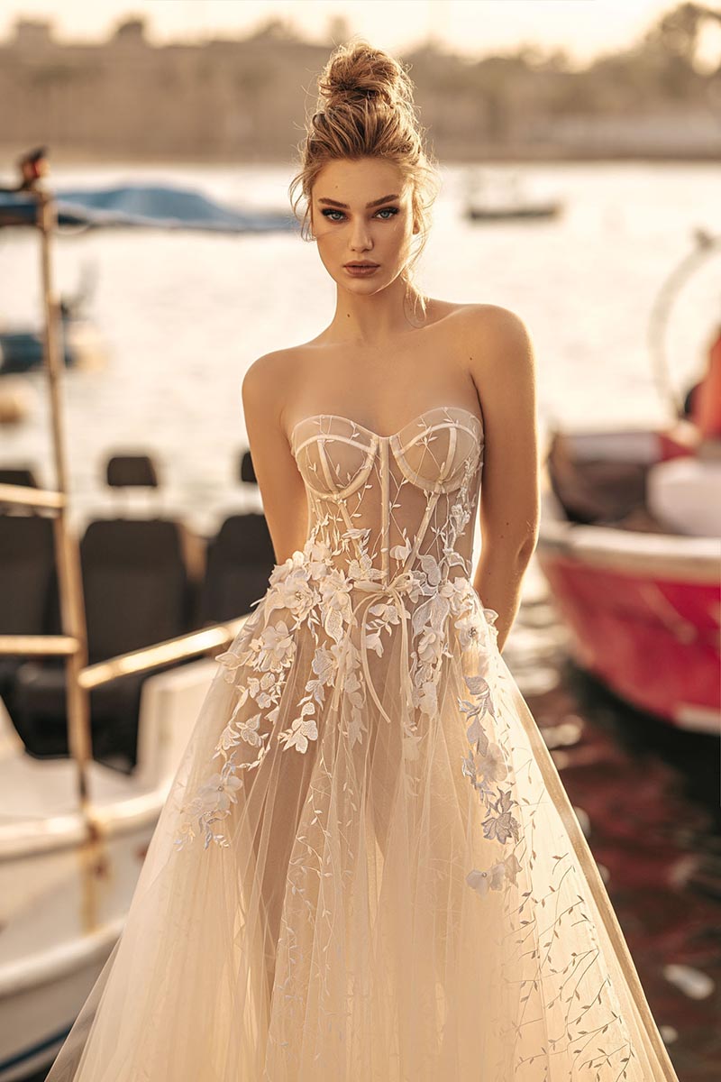 K1760 - Sweetheart Strapless Appliqued Sheer Tulle A-Line Long Wedding Dress