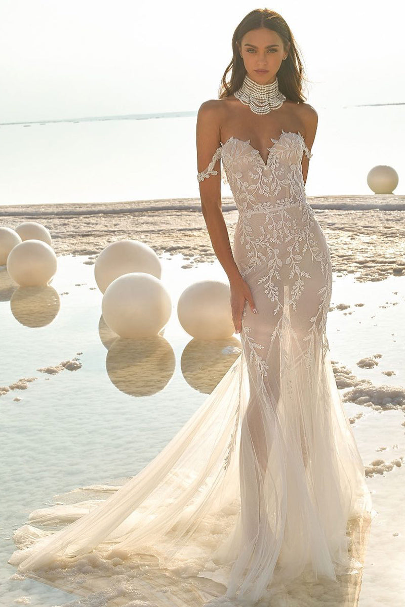 K1763 - Sweetheart Off-Shoulder Lace Sheer Tulle Mermaid Long Wedding Dress