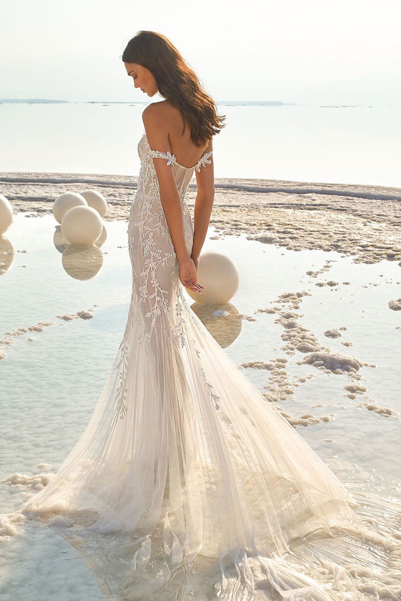 K1763 - Sweetheart Off-Shoulder Lace Sheer Tulle Mermaid Long Wedding Dress