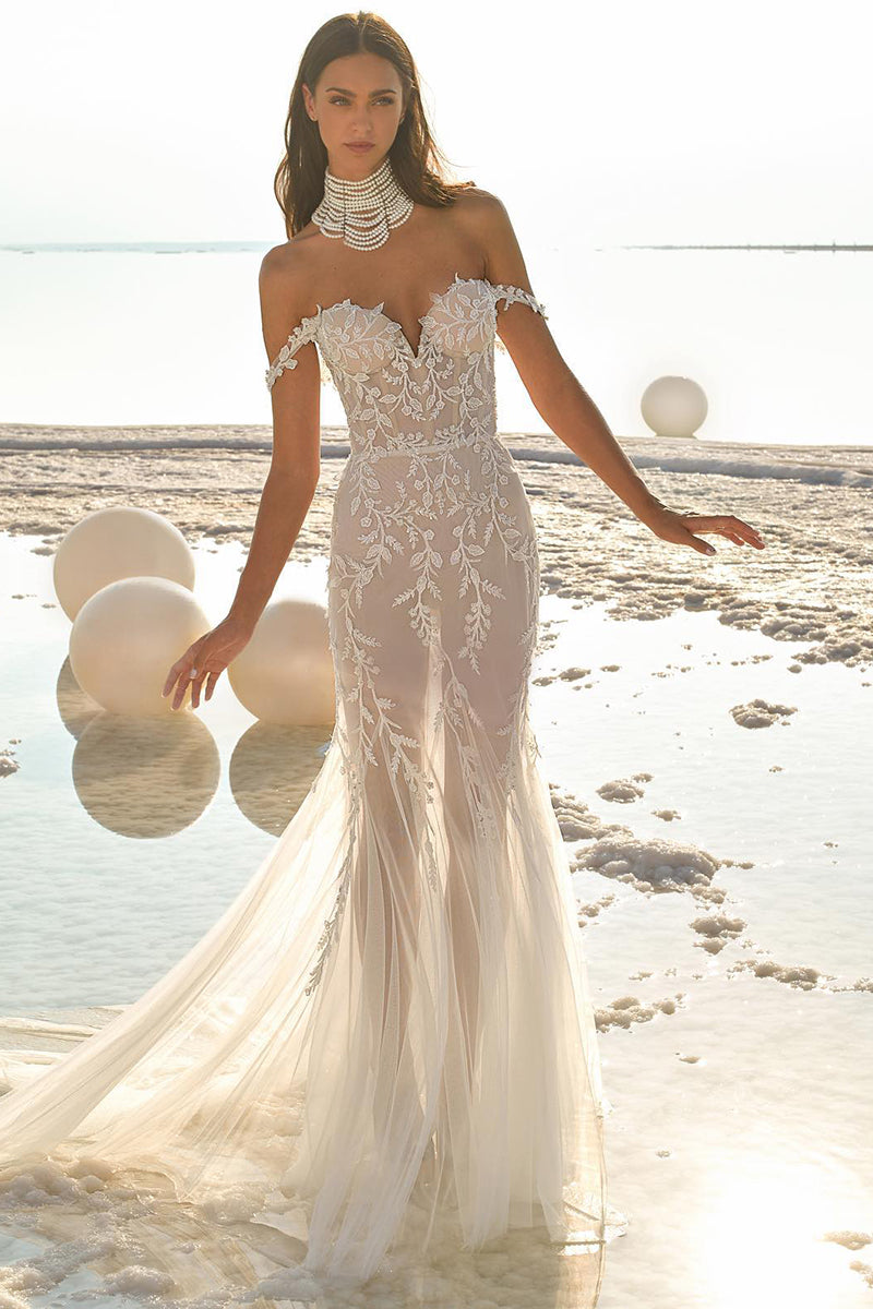 K1763 - Sweetheart Off-Shoulder Lace Sheer Tulle Mermaid Long Wedding Dress