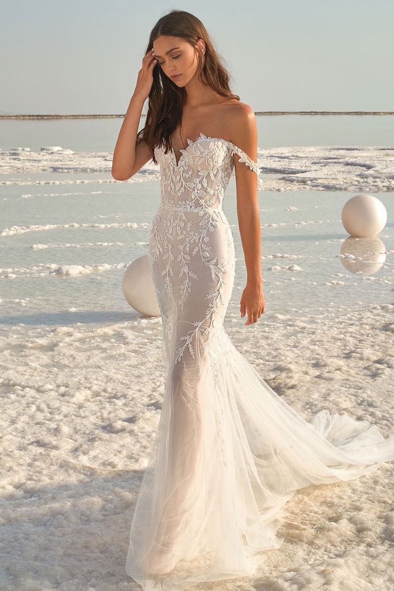 K1763 - Sweetheart Off-Shoulder Lace Sheer Tulle Mermaid Long Wedding Dress