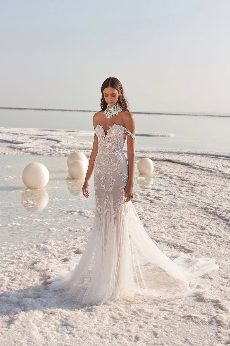 K1763 - Sweetheart Off-Shoulder Lace Sheer Tulle Mermaid Long Wedding Dress