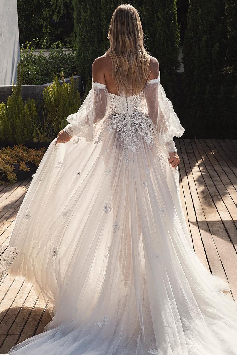 K1764 - Sweetheart Long Sleeves Lace Appliqued Tulle A-Line Long Wedding Dress