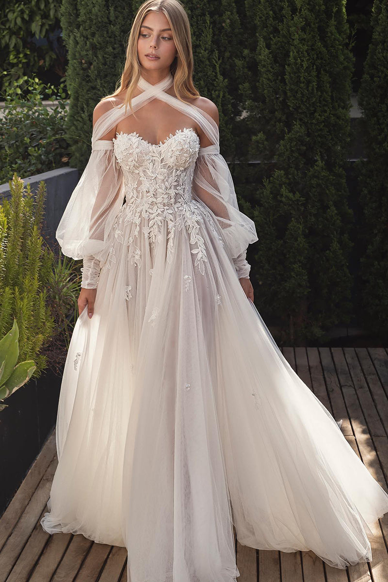 K1764 - Sweetheart Long Sleeves Lace Appliqued Tulle A-Line Long Wedding Dress