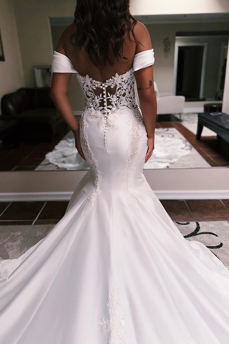 K1765 - Bateau Off-Shoulder Strapless Sheer Lace Satin Mermaid Long Wedding Dress