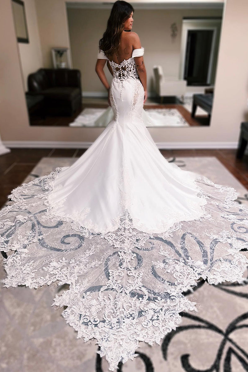 K1765 - Bateau Off-Shoulder Strapless Sheer Lace Satin Mermaid Long Wedding Dress