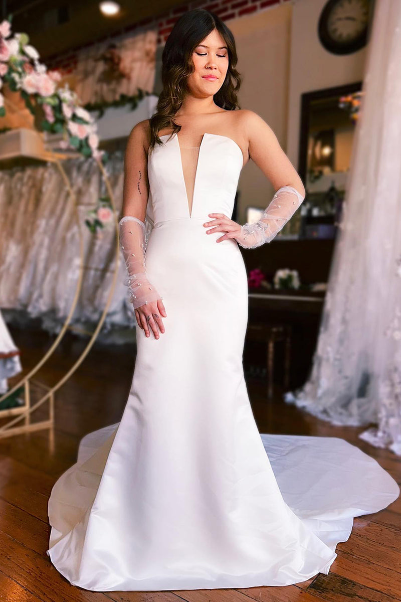 K1766 - Low V-Neck Sleeveless Strapless Beaded Tulle Satin Sheath Long Wedding Dress