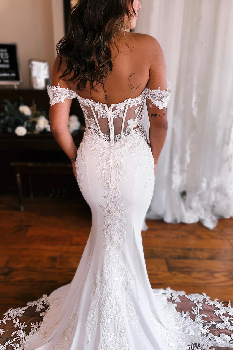 K1767 - Low V-Neck Off-Shoulder Lace Appliqued Satin Mermaid Long Wedding Dress