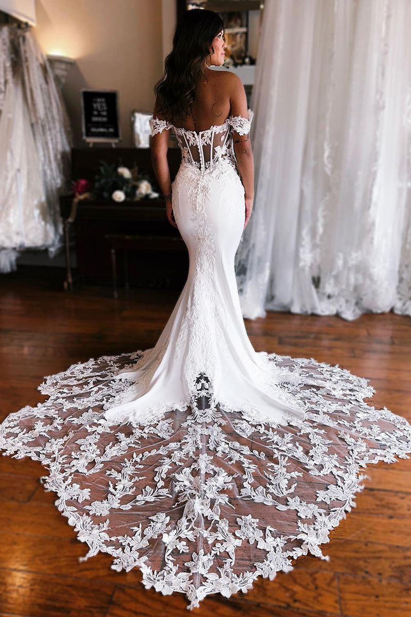 K1767 - Low V-Neck Off-Shoulder Lace Appliqued Satin Mermaid Long Wedding Dress