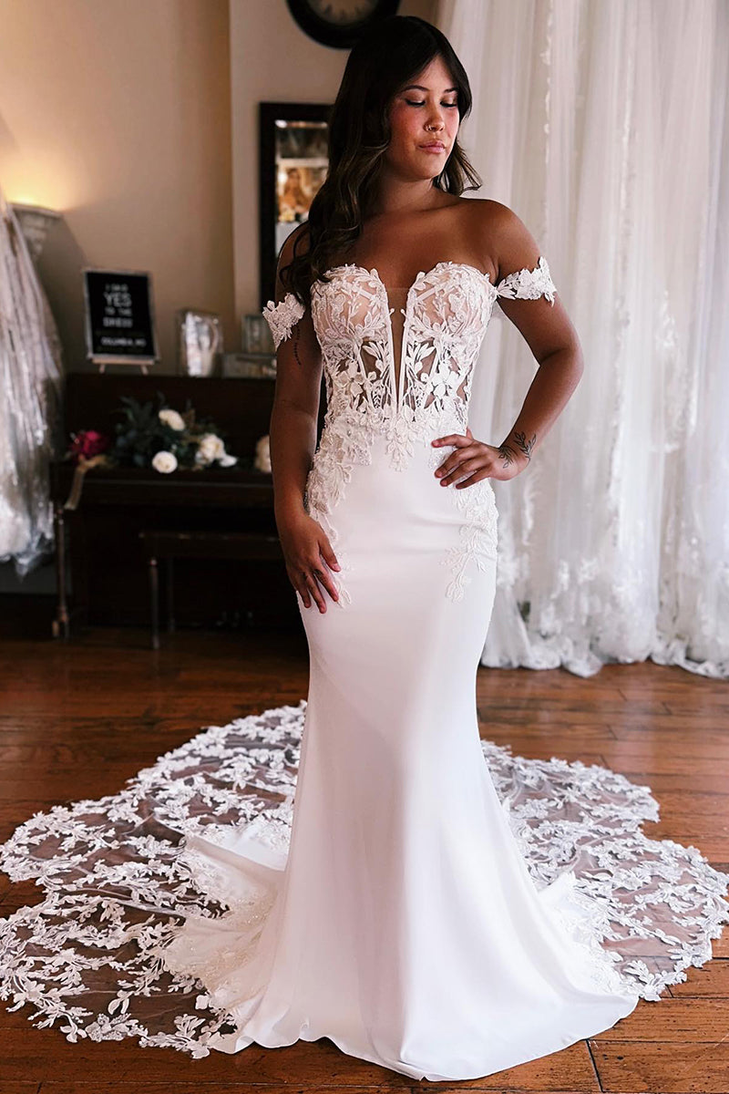 K1767 - Low V-Neck Off-Shoulder Lace Appliqued Satin Mermaid Long Wedding Dress