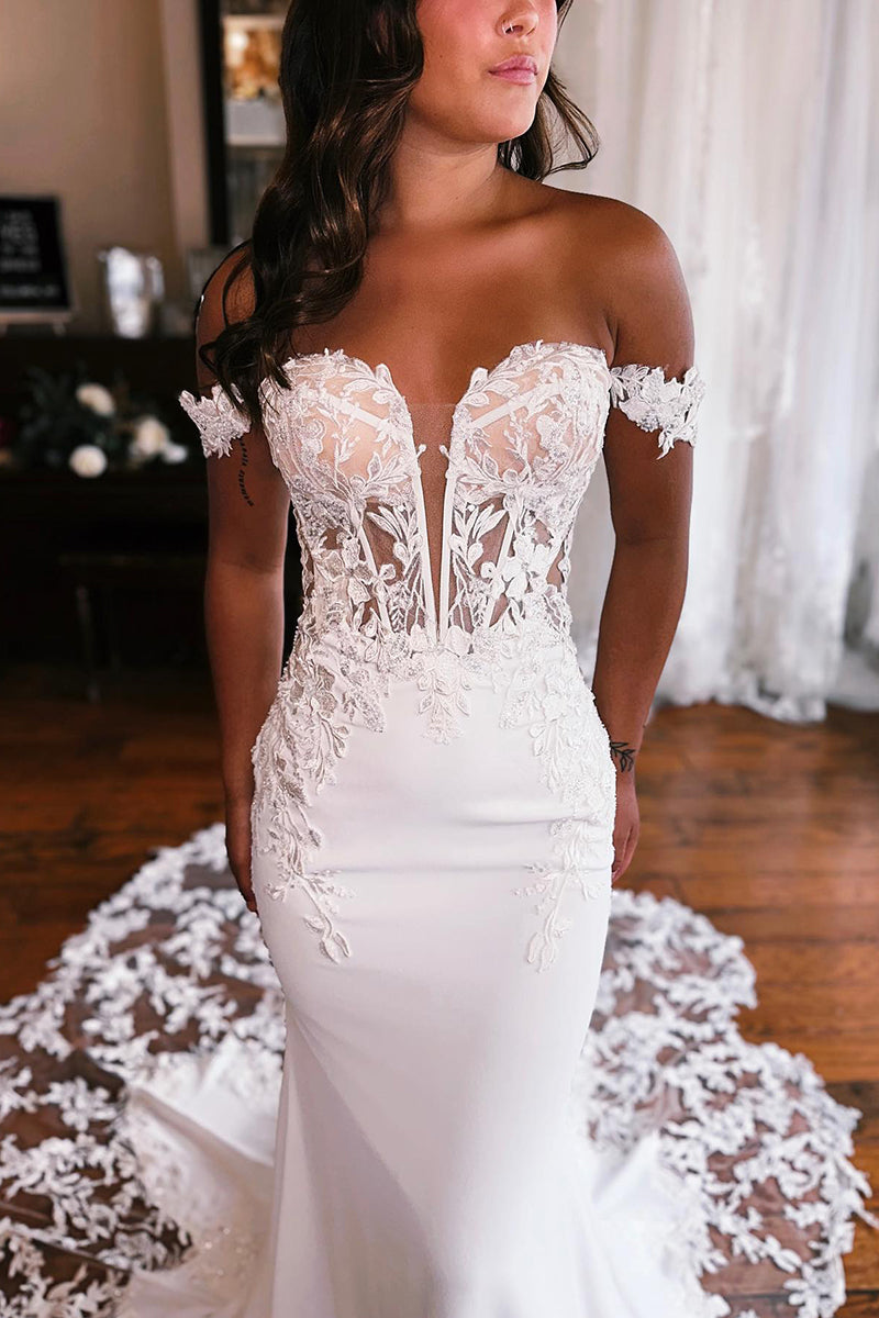 K1767 - Low V-Neck Off-Shoulder Lace Appliqued Satin Mermaid Long Wedding Dress