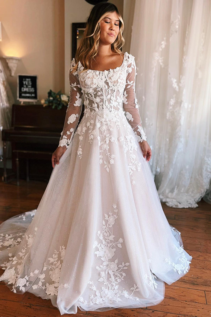 K1768 - Square Neck Long Sleeves Lace Appliqued Tulle A-Line Long Wedding Dress