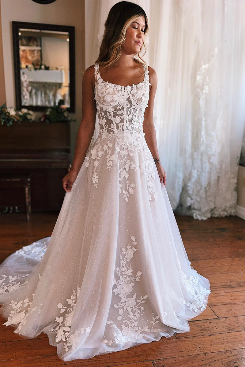 K1768 - Square Neck Long Sleeves Lace Appliqued Tulle A-Line Long Wedding Dress