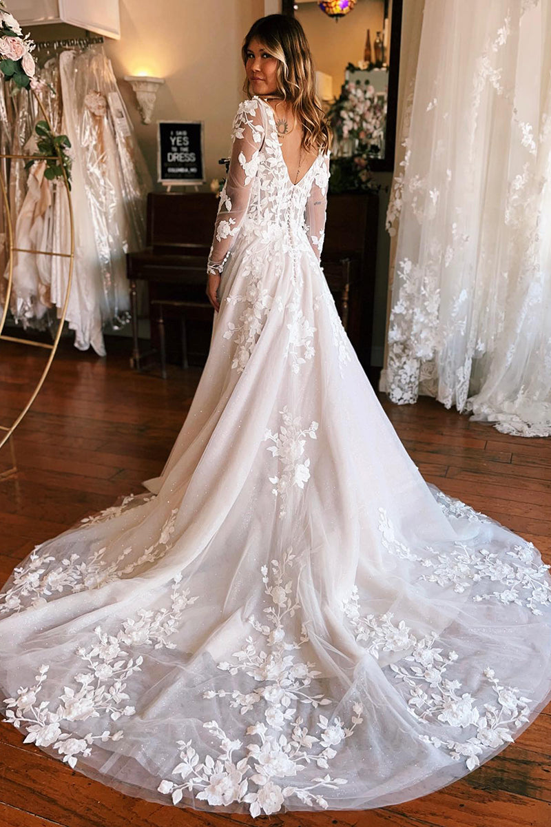 K1768 - Square Neck Long Sleeves Lace Appliqued Tulle A-Line Long Wedding Dress