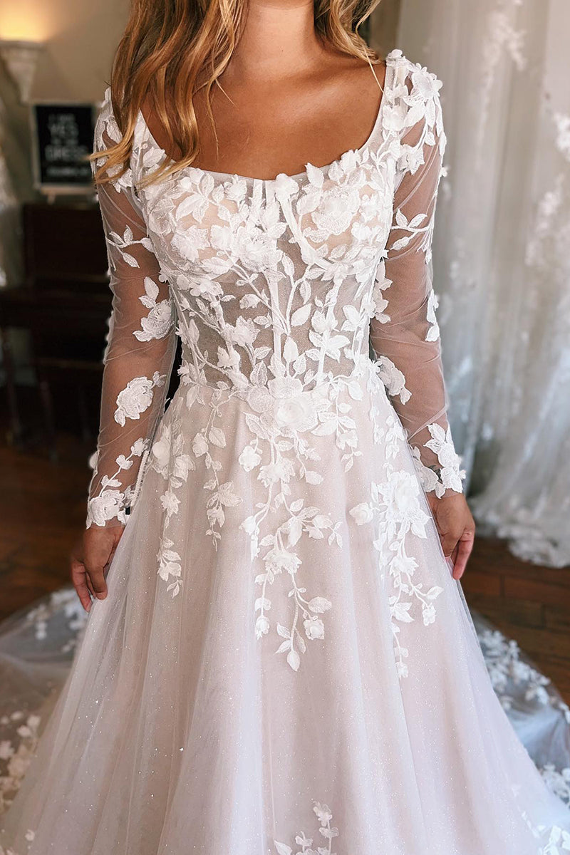 K1768 - Square Neck Long Sleeves Lace Appliqued Tulle A-Line Long Wedding Dress