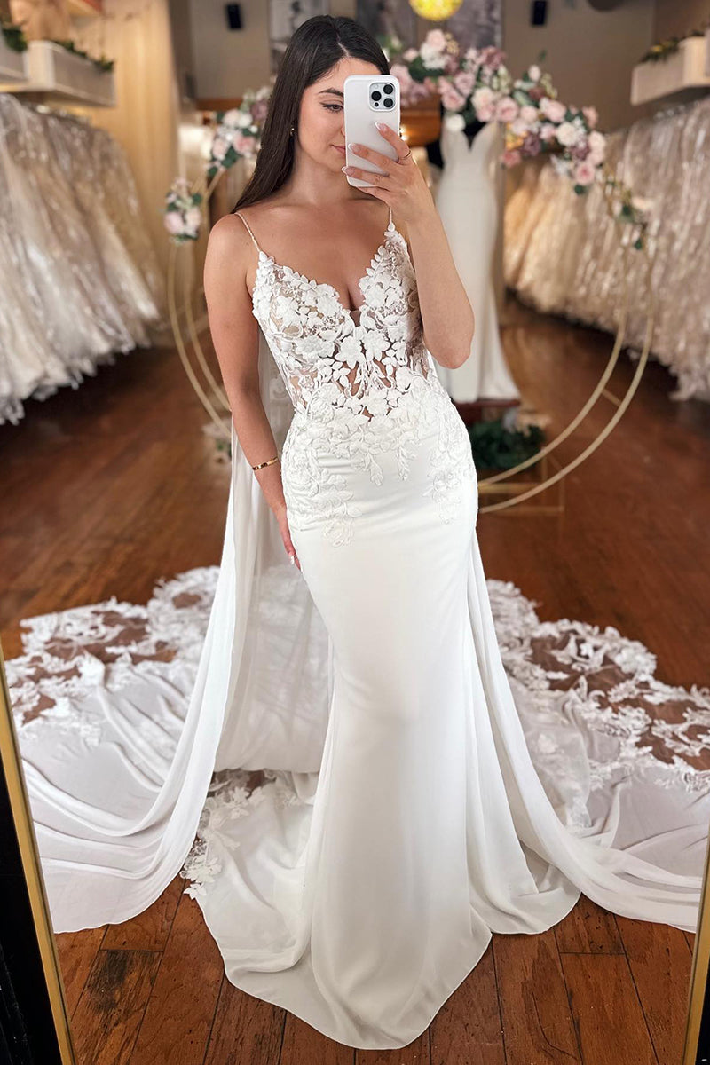 K1769 - V-Neck Spaghetti Straps Lace Appliqued Satin Mermaid Long Wedding Dress