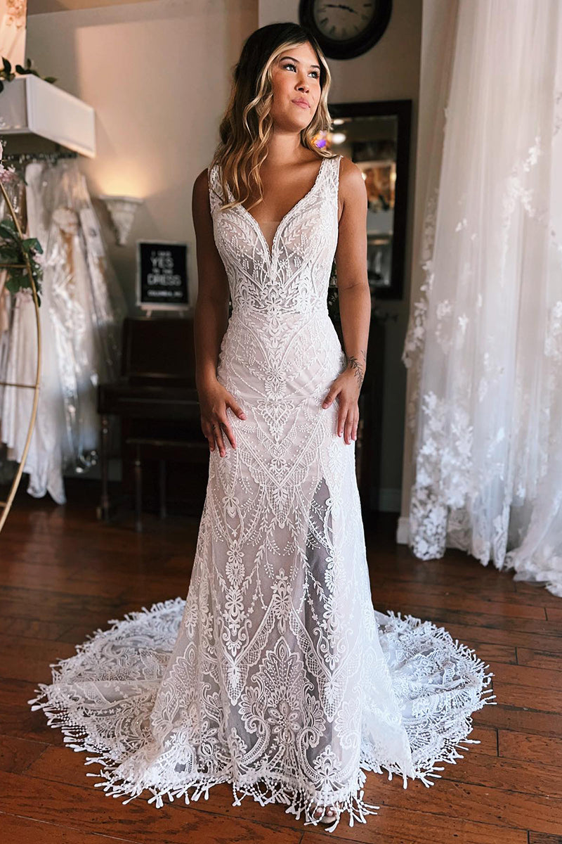 K1770 - V-Neck Long Sleeves Sheer Lace Mermaid Long Wedding Dress With Sweep Train