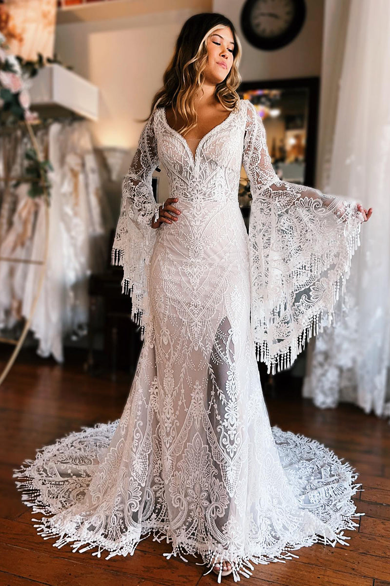 K1770 - V-Neck Long Sleeves Sheer Lace Mermaid Long Wedding Dress With Sweep Train