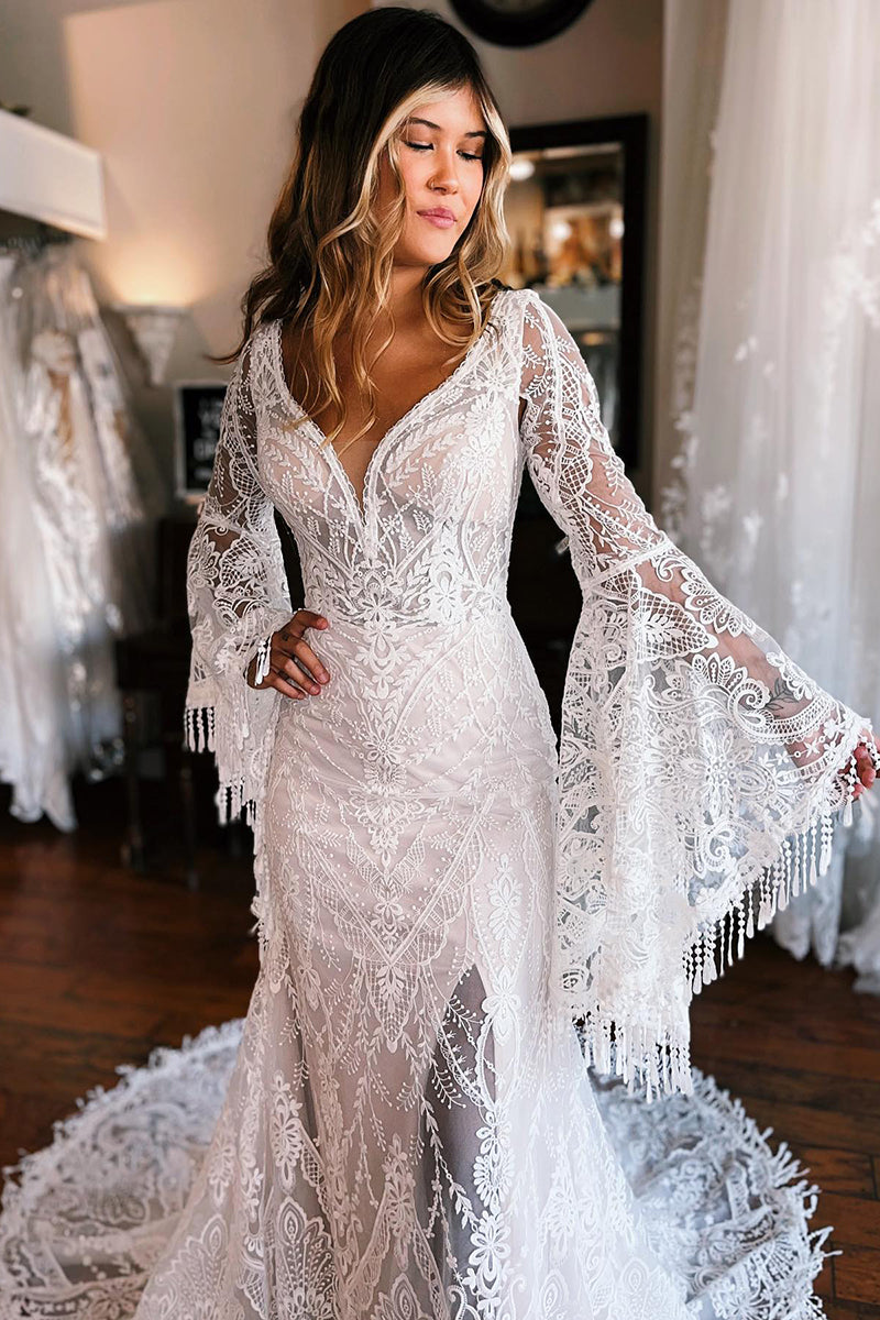 K1770 - V-Neck Long Sleeves Sheer Lace Mermaid Long Wedding Dress With Sweep Train