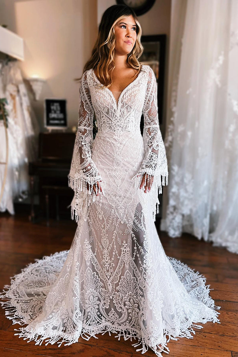 K1770 - V-Neck Long Sleeves Sheer Lace Mermaid Long Wedding Dress With Sweep Train