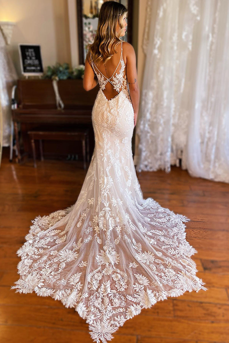 K1771 - V-Neck Spaghetti Straps Lace Mermaid Long Wedding Dress With Sweep Train