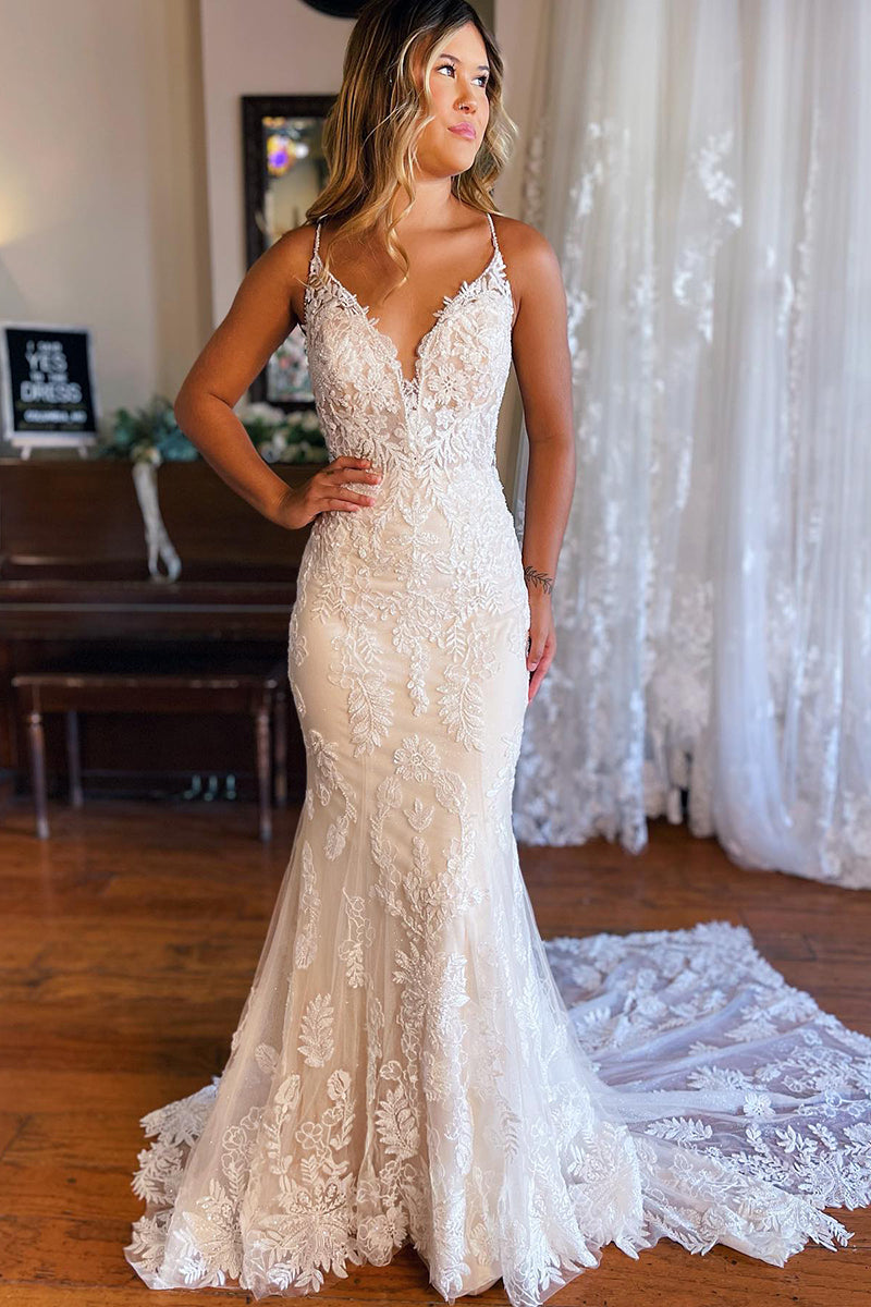 K1771 - V-Neck Spaghetti Straps Lace Mermaid Long Wedding Dress With Sweep Train