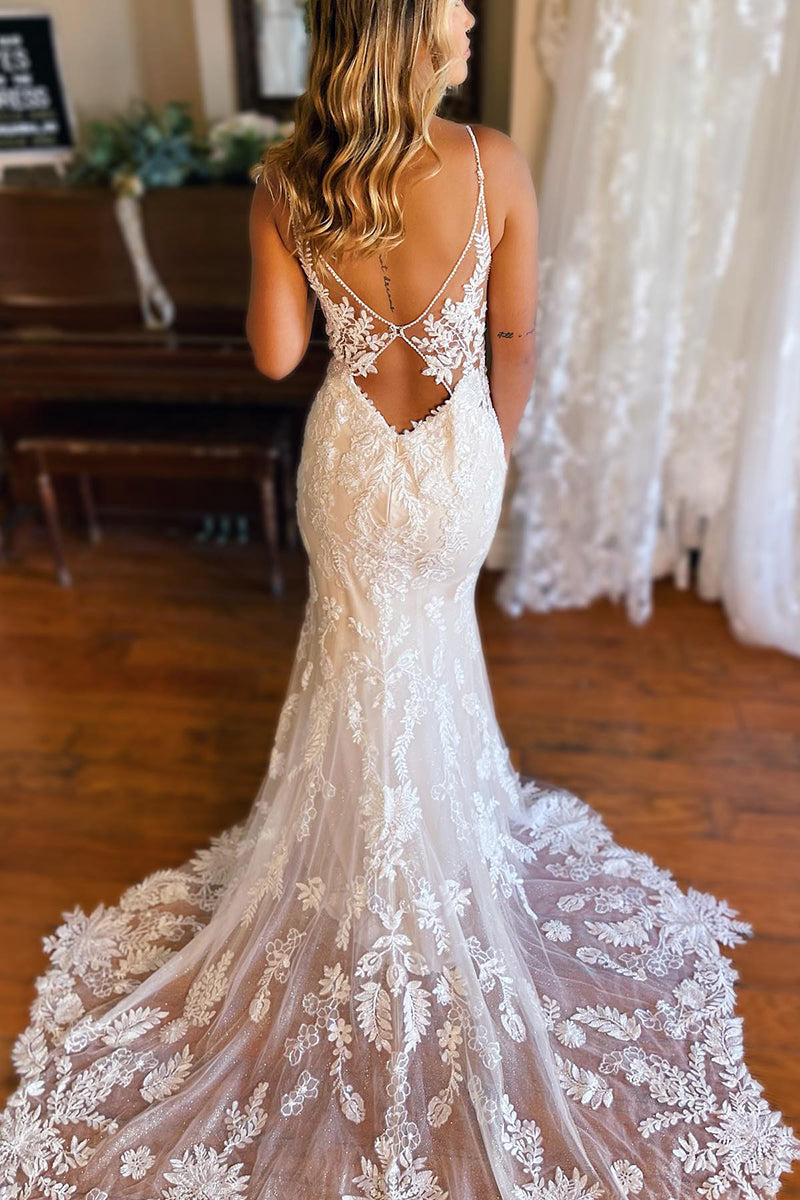 K1771 - V-Neck Spaghetti Straps Lace Mermaid Long Wedding Dress With Sweep Train